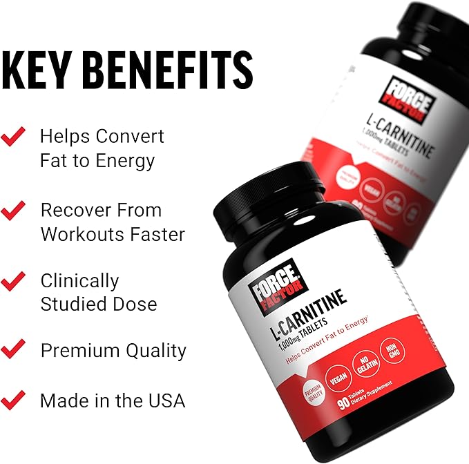 FORCE FACTOR L-Carnitine Supplement, L Carnitine Tartrate 1000mg Capsules to Convert Fat Into Energy, Support Muscle Recovery, and Boost Exercise Performance, Vegan, Non-GMO, 90 Tablets