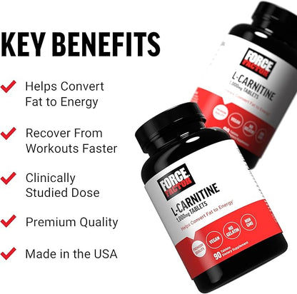 FORCE FACTOR L-Carnitine Supplement, L Carnitine Tartrate 1000mg Capsules to Convert Fat Into Energy, Support Muscle Recovery, and Boost Exercise Performance, Vegan, Non-GMO, 90 Tablets