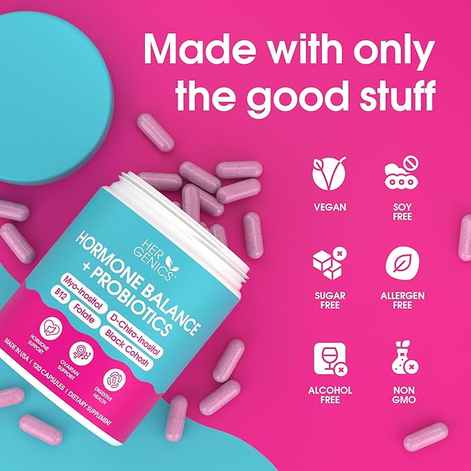 Natural Hormone Balance for Women, PCOS Supplements w/ Probiotics - Myo-Inositol & D-Chiro Inositol & Black Cohosh w/ Folate & B12 - PCOS Supplements for Hormone Balance, Female Vitamins 120 Capsules