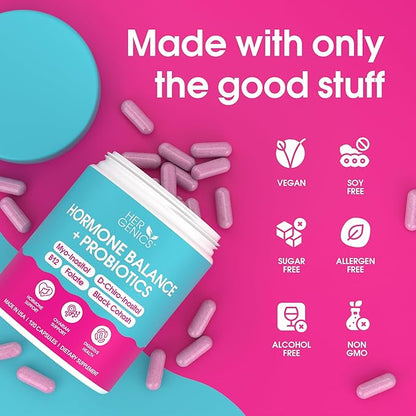 Natural Hormone Balance for Women, PCOS Supplements w/ Probiotics - Myo-Inositol & D-Chiro Inositol & Black Cohosh w/ Folate & B12 - PCOS Supplements for Hormone Balance, Female Vitamins 120 Capsules