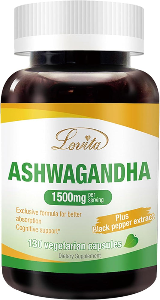 Lovita KSM-66 Ashwagandha | Highly Concentrated 22,500mg Equivalent | 5% Withanolide | 95% Black Pepper Piperine | Stress Relief & Energy Support | Vegan, Gluten Free | 130 Capsules