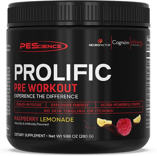 PEScience Prolific Pre Workout, Raspberry Lemonade, 40 Scoop, Energy Supplement with Nitric Oxide