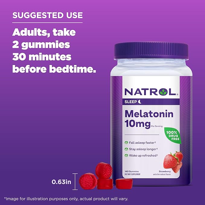Natrol Melatonin Gummies, Sleep Support for Adults, 10 mg Melatonin Supplement for Sleeping, 140 Strawberry-Flavored Gummies, Up to a 70 Day Supply