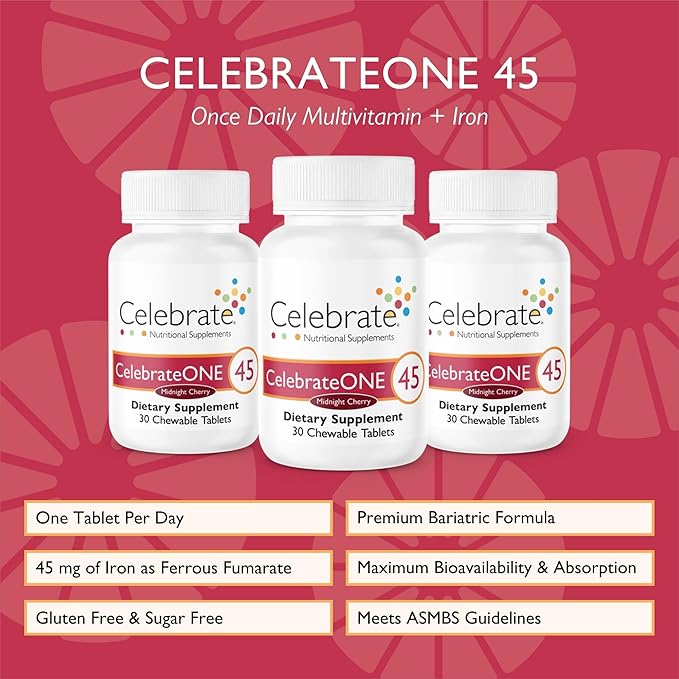 Celebrate Vitamins CelebrateONE 45 Chewables, 45mg Iron - One A Day Bariatric Multivitamin, Essential Vitamins & Minerals - Gastric Bypass & Sleeve Gastrectomy Supplement - Cherry (90 Tablets)