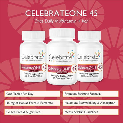 Celebrate Vitamins CelebrateONE 45 Chewables, 45mg Iron - One A Day Bariatric Multivitamin, Essential Vitamins & Minerals - Gastric Bypass & Sleeve Gastrectomy Supplement - Cherry (90 Tablets)