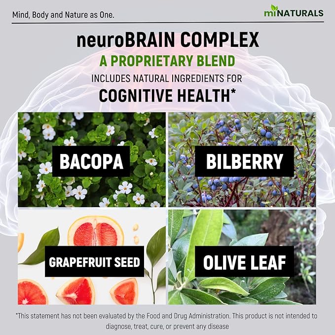 Brain Memory Supplement | Advanced Formula for Seniors | 60 ct Caffein Free Pills | Capsules with Vitamins and Bacopa Monnieri for Help with Cognitive Mind Health