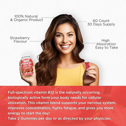 Vitamin B12 Complex 5000 mcg Methyl B12, Adenosyl B12 & Hydroxy B12, with Coenzyme Q10, Folate, Vitamin C, High Absorption Energy Gummies - Chewable B 12 for Energy Support and Bone Health - 60 Count