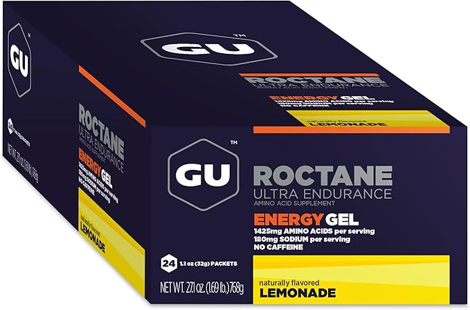 GU Energy Roctane Ultra Endurance Energy Gel, Vegan, Gluten-Free, Kosher, and Dairy-Free On-The-Go Sports Nutrition for Running, Biking, Hiking or Skiing, 24-Count, Lemonade