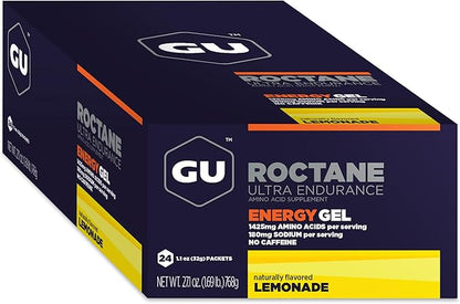 GU Energy Roctane Ultra Endurance Energy Gel, Vegan, Gluten-Free, Kosher, and Dairy-Free On-The-Go Sports Nutrition for Running, Biking, Hiking or Skiing, 24-Count, Lemonade
