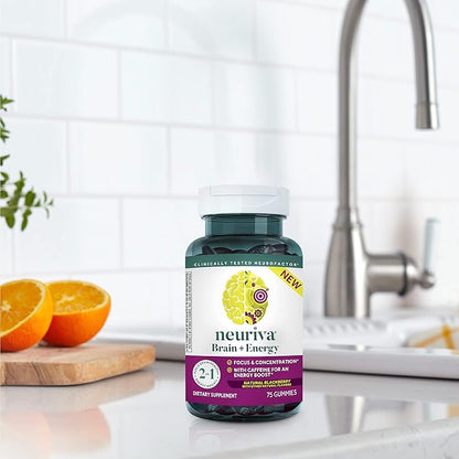 NEURIVA Brain + Energy Gummies, Nootropic Brain Supplements for Focus and Concentration with Neurofactor, Vitamin B12 & Caffeine for an Energy Boost*, 75ct Natural BlackBerry