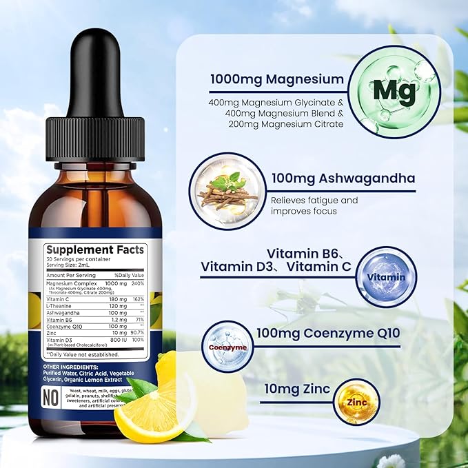 Triple Magnesium Complex Supplement, Magnesium Glycinate, threonate, Citrate Liquid Drops 1000mg with Ashwagandha, CoQ10, Vitamin B6, C, D, Zinc - Vegan Lemon Flavor