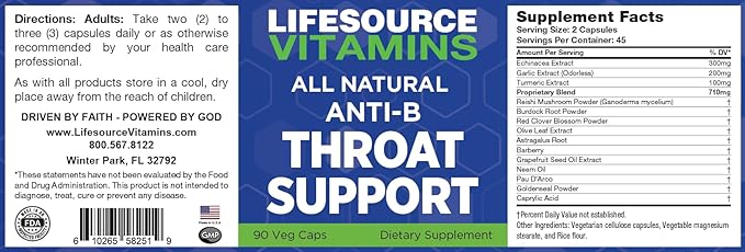 Throat Support - Anti-B - 90 Caps - Proprietary Formula -LSV, 1 Count (Pack of 1)