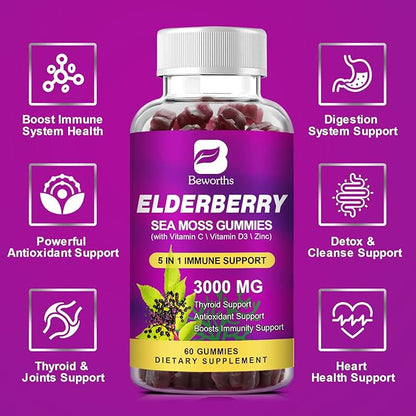 Elderberry Gummies & Irish Sea Moss, Organic Sambucus Elderberry Gummy with Seamoss, Zinc, Vitamin C, D3, Multivitamin Elderberry Vitamin Immune & Energy Support Supplements - Sugar-Free