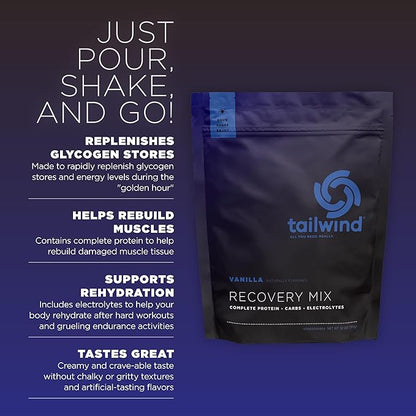 Tailwind Nutrition Recovery Mix, Complete Protein, Carbohydrates, and Electrolytes Powder Drink Mix for Post-Workout, Free of Gluten, Soy, and Dairy, Vegan, 15 Servings, Vanilla