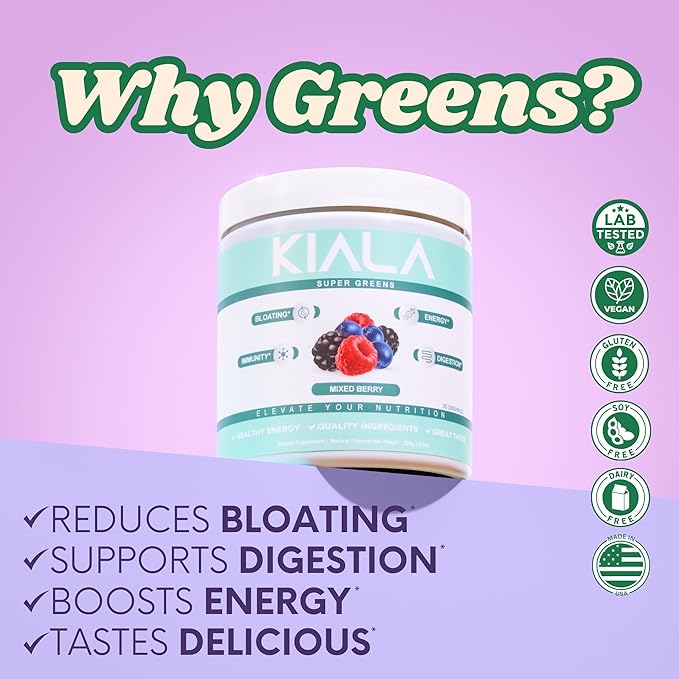 Kiala Nutrition Super Greens, Organic Greens Powder with Spirulina & Chlorella for Digestion, Gut Health, Immunity & Energy, Gluten Free, Vegan, Daily Support for Women, Mixed Berry, 30 Servings