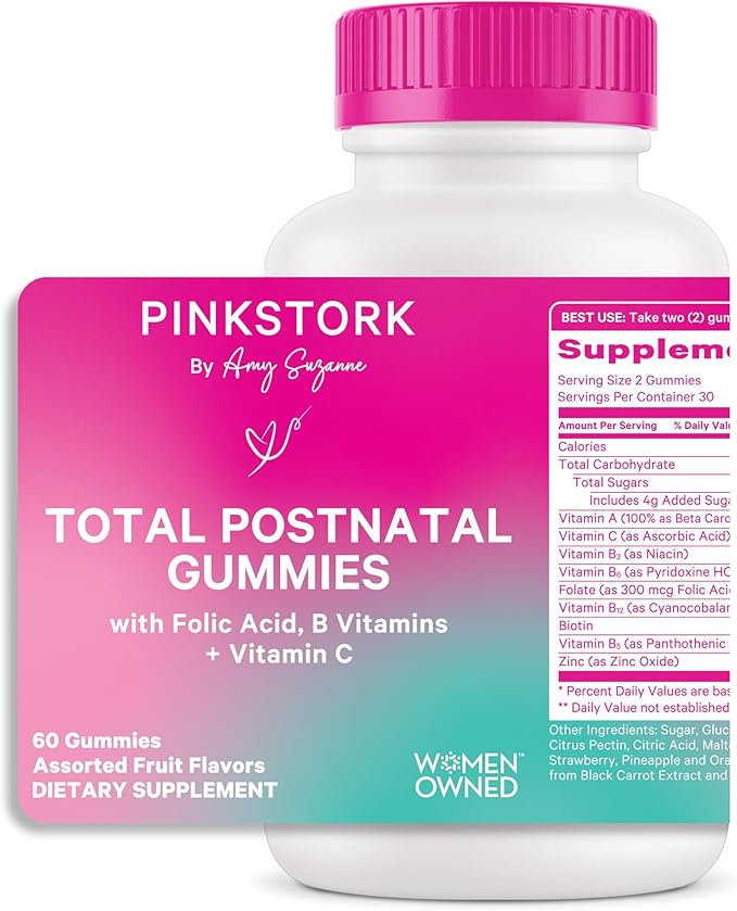 Pink Stork Total Postnatal Vitamin Gummies - Multivitamin for Postpartum Recovery and Lactation Support - Folic Acid, B6, & Vitamin C - Breastfeeding Essentials - 60 Gummy Vitamins