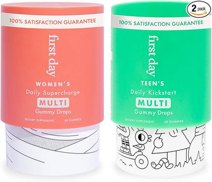 FIRST DAY Multivitamin Gummies Bundle for Women & Teens – Vitamins A, B, C, D & K + Folate, Magnesium, Zinc, Biotin & More – Made w/Organic Fruits & Veggies, Only 2g Sugar – 2-Pk, 30 Day Supply Each