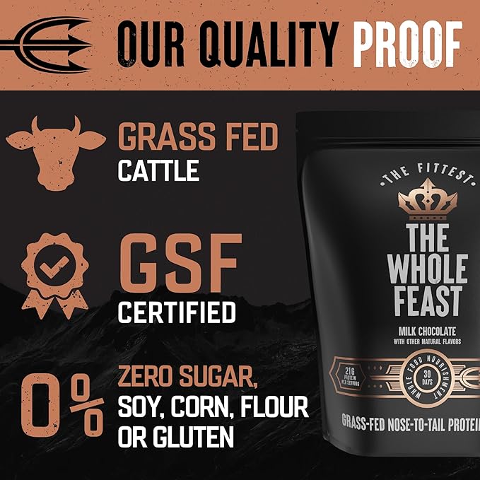The Fittest Whole Feast Beef Protein Powder - Milk Chocolate - Nose to Tail Carnivore Blend Including Liver, Colostrum and Whole Bone - BCAAs - 14g Collagen, 21g Total Protein