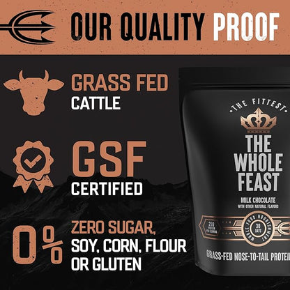 The Fittest Whole Feast Beef Protein Powder - Milk Chocolate - Nose to Tail Carnivore Blend Including Liver, Colostrum and Whole Bone - BCAAs - 14g Collagen, 21g Total Protein