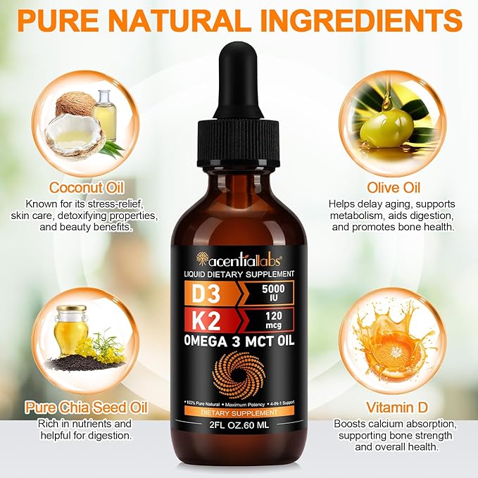 Vitamin D3 K2 Drops w MCT Oil Omega 3, 4-in-1 Support, 5000 IU of Vitamin D3 and 120 mcg of Vitamin K2. Liquid D3 for Body’s Defenses & Faster Absorption, Unflavored