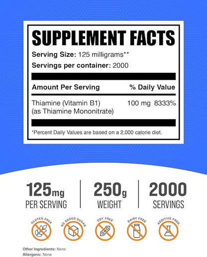 BulkSupplements.com Thiamine Mononitrate Powder - Vitamin B1 Powder, Thiamine B1 Supplement - B1 Vitamins, Gluten Free, 125mg per Serving, 250g (8.8 oz) (Pack of 1)