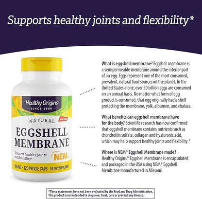 Healthy Origins Eggshell Membrane (NEM), 500 mg - Natural Collagen and Joint Support Supplement - Gluten-Free Supplement - 120 Veggie Capsules