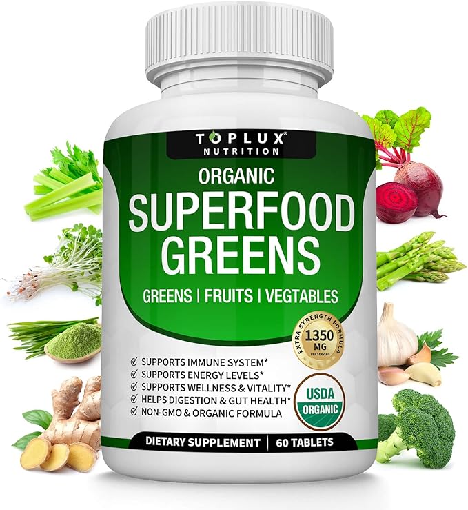 Organic Super Greens Capsules Superfood Fruit Veggie Supplement - 28 Powerful Natural Ingredients with Alfalfa, Beet Root, Tart Cherry & Ginger for Immune & Energy Support, for Men Women, 60 Tablets