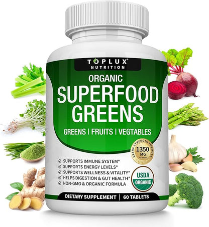 Organic Super Greens Capsules Superfood Fruit Veggie Supplement - 28 Powerful Natural Ingredients with Alfalfa, Beet Root, Tart Cherry & Ginger for Immune & Energy Support, for Men Women, 60 Tablets