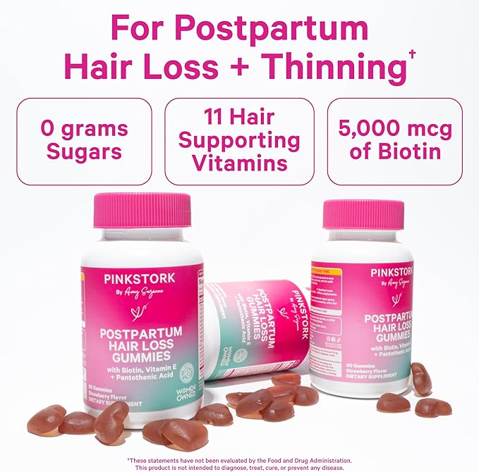 Pink Stork Postpartum Hair Loss Gummies - Biotin with Vitamin E, Pantothenic Acid, B6 & B12 for Beautiful & Strong Hair, Skin, and Nails - Postpartum Essentials for New Moms - 60 Gummy Vitamins