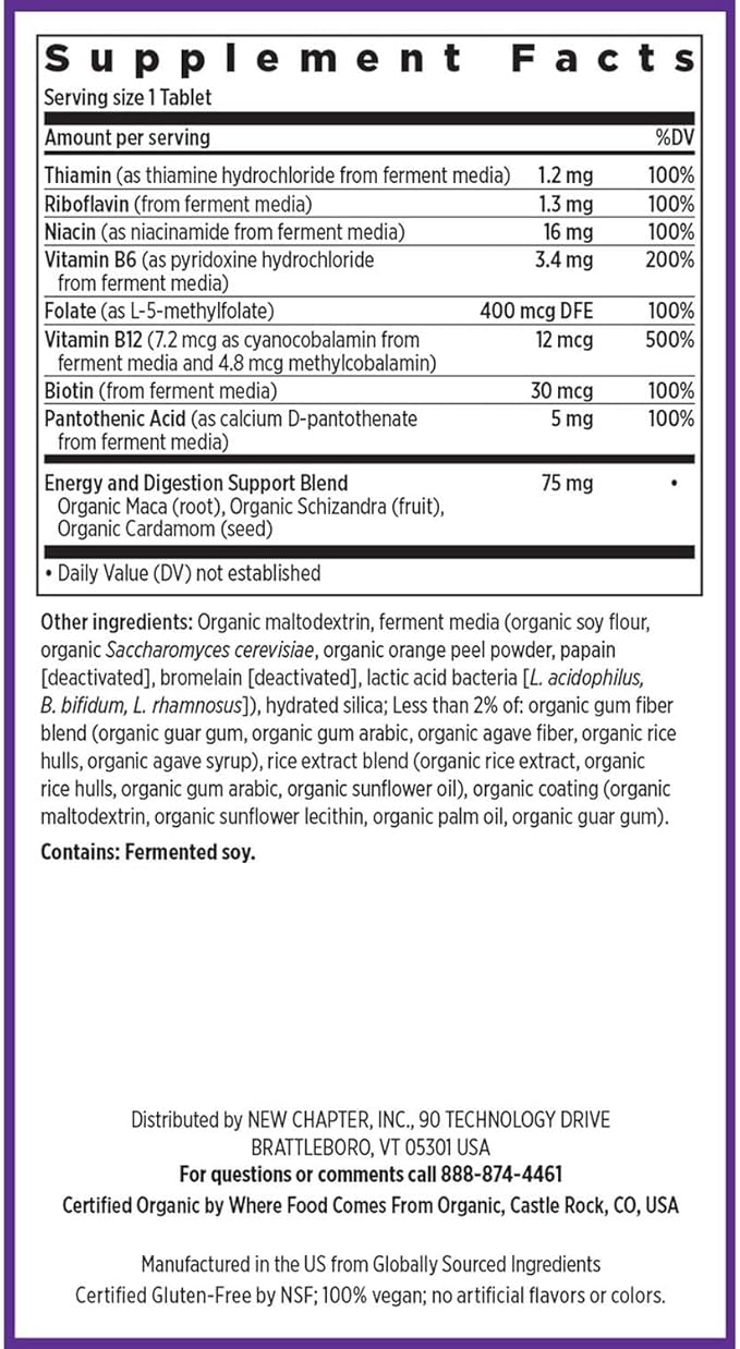 New Chapter Vitamin B Complex, Fermented Vitamin B Complex, USDA Organic, ONE Daily for Cellular Energy + Brain + Beauty, 100% Vegan, Gluten-Free - 90 Count