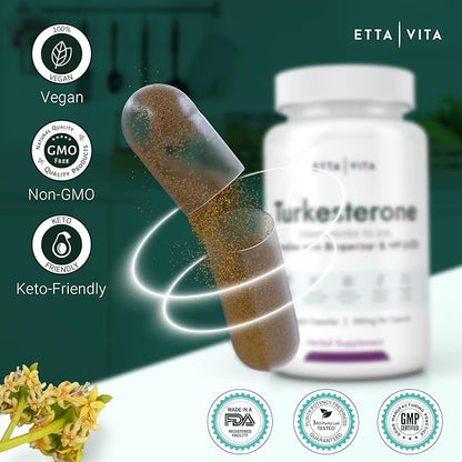 Potent Turkesterone Supplement, 2X Pure (Made in USA - 3rd Party Tested) Most Bioavailable and Natural Test Support Supplement, Supports Energy, Lean Muscle Growth, Recovery and Stamina, Vegan (60ct)