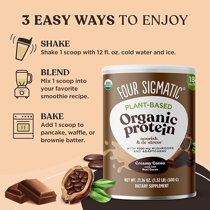 Four Sigmatic Organic Plant-Based Protein Powder Creamy Cacao Protein with Lion’s Mane, Chaga, Cordyceps and More | Clean Vegan Protein Elevated for Brain Function and Immune Support | 21.16 oz