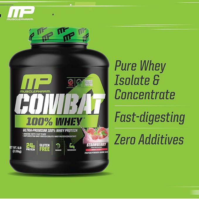 MusclePharm Combat 100% Whey Protein Powder, Strawberry Cream Flavor, Fast Recovery & Muscle Gain with Whey Protein Isolate, High Protein Powder for Women & Men, Gluten Free, 5 lb, 70 Servings