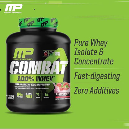 MusclePharm Combat 100% Whey Protein Powder, Strawberry Cream Flavor, Fast Recovery & Muscle Gain with Whey Protein Isolate, High Protein Powder for Women & Men, Gluten Free, 5 lb, 70 Servings