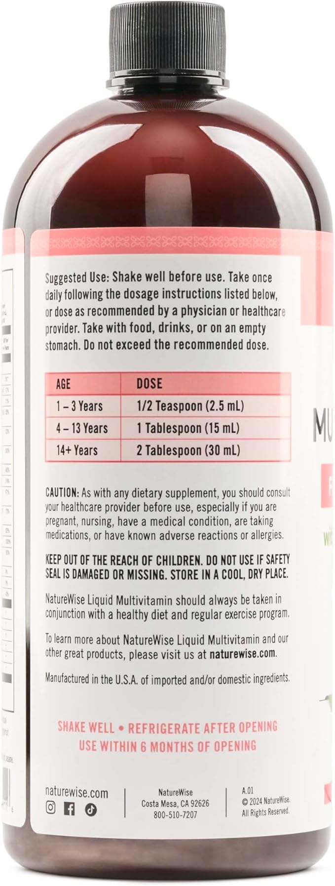 NatureWise Liquid Multivitamin for Women, Men, Kids, The Whole Family - Vegan, Sugar Free - Minerals for Beauty, Immune Health, Energy with Methylated B12 & Folate - Non-GMO - 30 fl oz(887 mL)