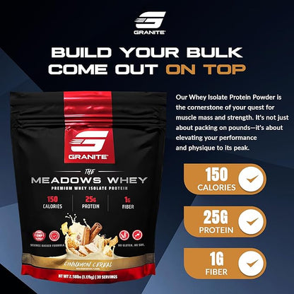 Granite Supplements The Meadows Whey Protein Isolate - (30 Servings) Whey Protein Powder - 150 Calories, 2g Fiber, 1g Sugar Protein Whey for Lean Muscle - Cinnamon Cereal Flavored Protein Powder