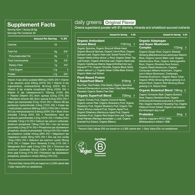 Huel Daily Greens Lemon & Ginger | Superfood Greens Powder | 91 Vitamins, Minerals, and Wholefood-Sourced Ingredients | Adaptogens, Antioxidants, Gut-Friendly Probiotics | 30 Servings