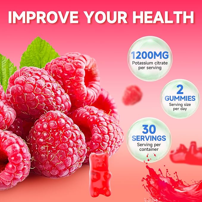 Potassium Citrate Gummies, High Potassium Supplement Gummies 1200mg Support Leg Cramps & Muscle Health, Potassium Gummies for Adults & Kids, Vegan, Raspberry Flavor 60 Count