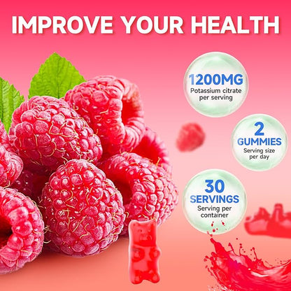 Potassium Citrate Gummies, High Potassium Supplement Gummies 1200mg Support Leg Cramps & Muscle Health, Potassium Gummies for Adults & Kids, Vegan, Raspberry Flavor 60 Count