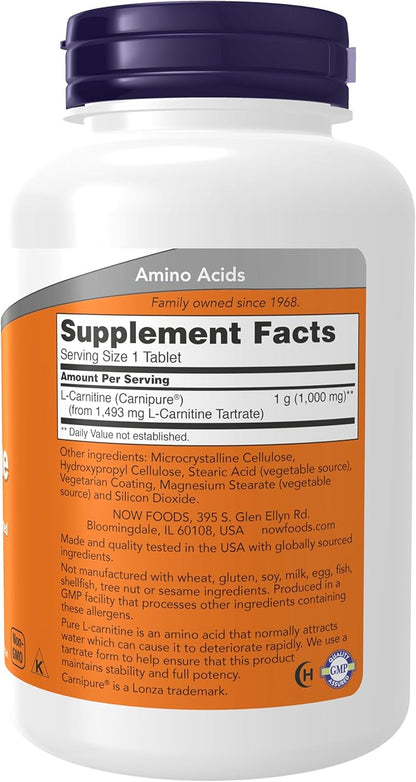 NOW Foods Supplements, L-Carnitine 1,000 mg, Purest Form, Amino Acid, Fitness Support*, 100 Tablets