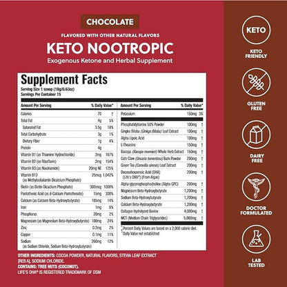 Perfect Keto Nootropic Brain Support, Caffeine Free Focus and Energy Supplement with Alpha Lipoic Acid, L Theanine, Ginkgo Biloba, Alpha GPC, MCT's, Collagen, Ketones, Chocolate Drink Mix, 15 Servings