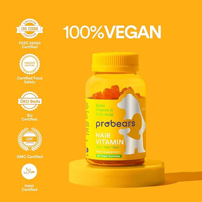 Probears® Biotin (B7) Vegan Hair Growth Gummies Vitamins - 10.000 mcg,Essential Vitamins A, B5, B6, B12, C, D2, E for Hair Loss Prevention - Gluten-Free, Gelatin-Free, Halal - 60 Count