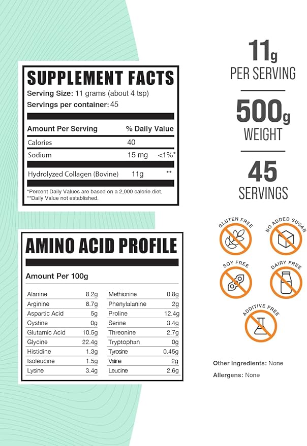 BulkSupplements.com Collagen Peptides Powder - Collagen Supplement, Bovine Collagen Powder - Powdered Collagen, Hydrolyzed & Gluten Free, 11g per Serving, 500g (1.1 lbs) (Pack of 1)