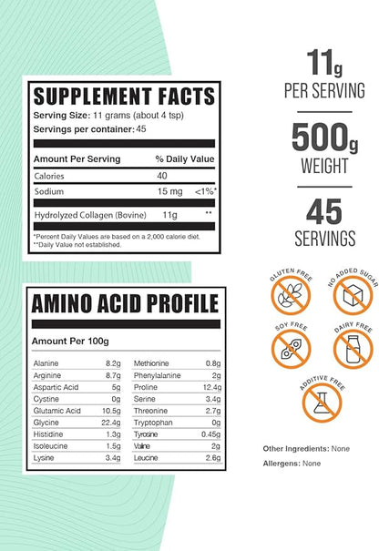 BulkSupplements.com Collagen Peptides Powder - Collagen Supplement, Bovine Collagen Powder - Powdered Collagen, Hydrolyzed & Gluten Free, 11g per Serving, 500g (1.1 lbs) (Pack of 1)