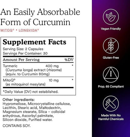 MitoQ Curcumin Advanced CoQ10 Antioxidant - Contains Mitoquinol Mesylate & Super Bioavailable Longvida Curcumin Turmeric - Supports Immunity, Digestive Health, & Cell Vitality (60 Capsules)