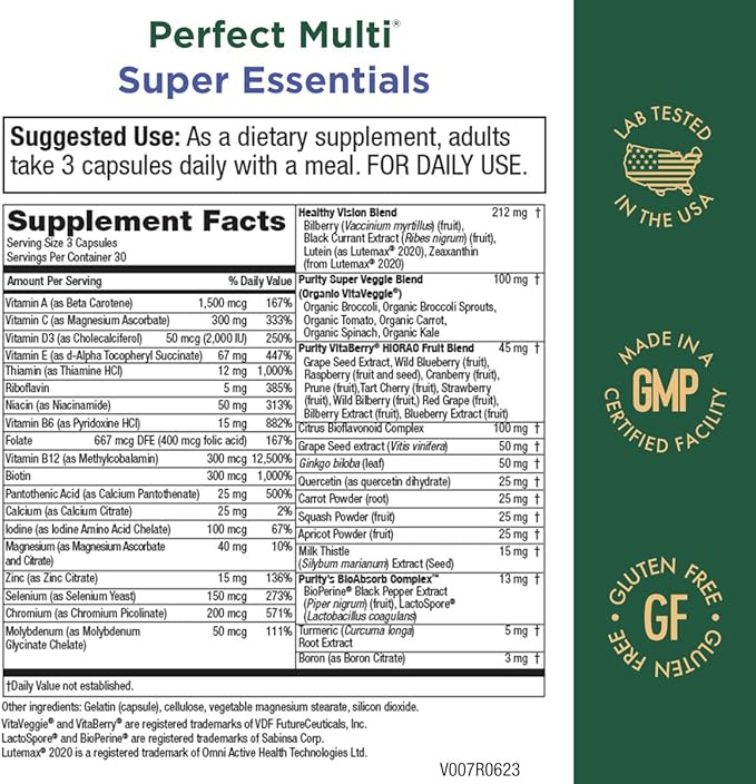 Purity Products Perfect Multi Super Essentials - Multivitamin + Fruits and Vegetables + Promotes Healthy Day and Night Vision Featuring Lutein, Zeaxanthin and Black Currant Extract - 90 Capsules