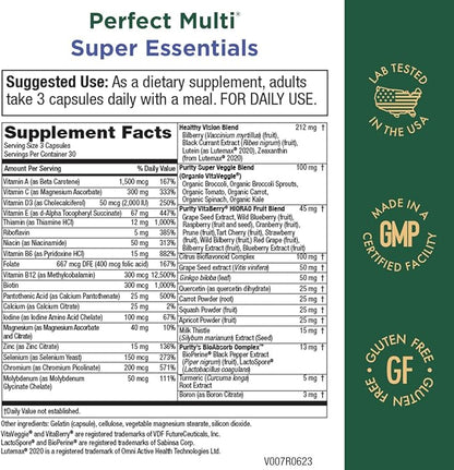 Purity Products Perfect Multi Super Essentials - Multivitamin + Fruits and Vegetables + Promotes Healthy Day and Night Vision Featuring Lutein, Zeaxanthin and Black Currant Extract - 90 Capsules
