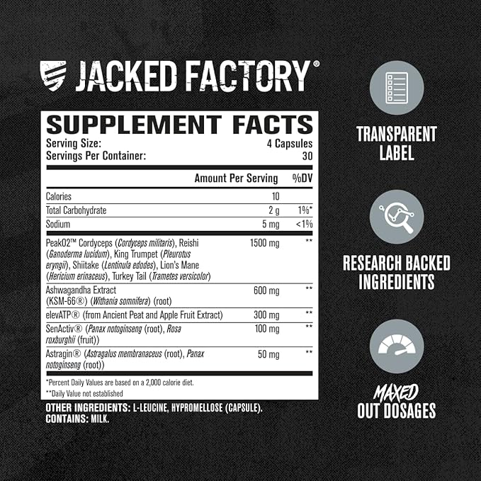 Jacked Factory Build-XT Max Muscle Builder for Men and Women - ATP Supplement with Peak02 Cordyceps, KSM-66 Ashwagandha, & ElevATP for Muscle Recovery, Muscle Growth, Increased Endurance - 120 Count