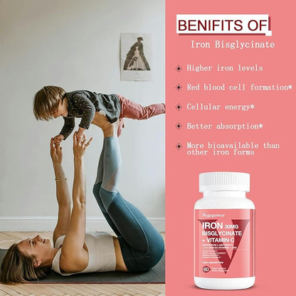 Iron Bisglycinate Supplement for Women & Men - 30mg Iron Pills with Vitamin C, B12, Folic Acid - Chelated Iron for Anemia, Blood Builder - High Absorption, Gluten-Free, Non-GMO - 60 Vegan Caps