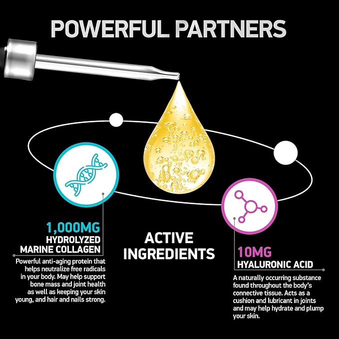 Liquid Marine Collagen Peptides with 10mg Hyaluronic Acid Supplement - 1,000mg Hydrolyzed Collagen Drops for Skin, Hair, Joints Support - Liquid Collagen For Women And Men - 30-Day Collagen Drink